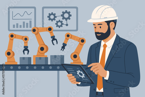 Industrial engineer manager controls automated robotic arms with digital tablet in smart factory. Modern automation, industrial monitoring, robotics, manufacturing technology concept