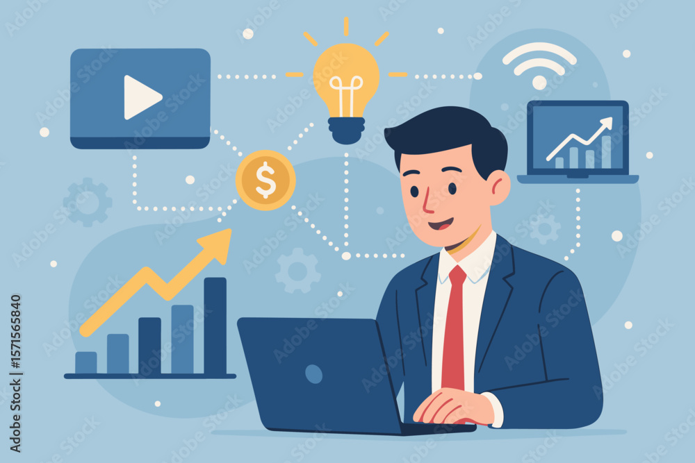 Business Innovation and Financial Growth Concept. Entrepreneur with Laptop, Technology Network, Data Analytics, Digital Marketing, Investment, Creative Idea, Modern Flat Vector Business Innovation and Financial Growth Concept. Entrepreneur with Laptop, Technology Network, Data Analytics, Digital Marketing, Investment, Creative Idea, Modern Flat Vector