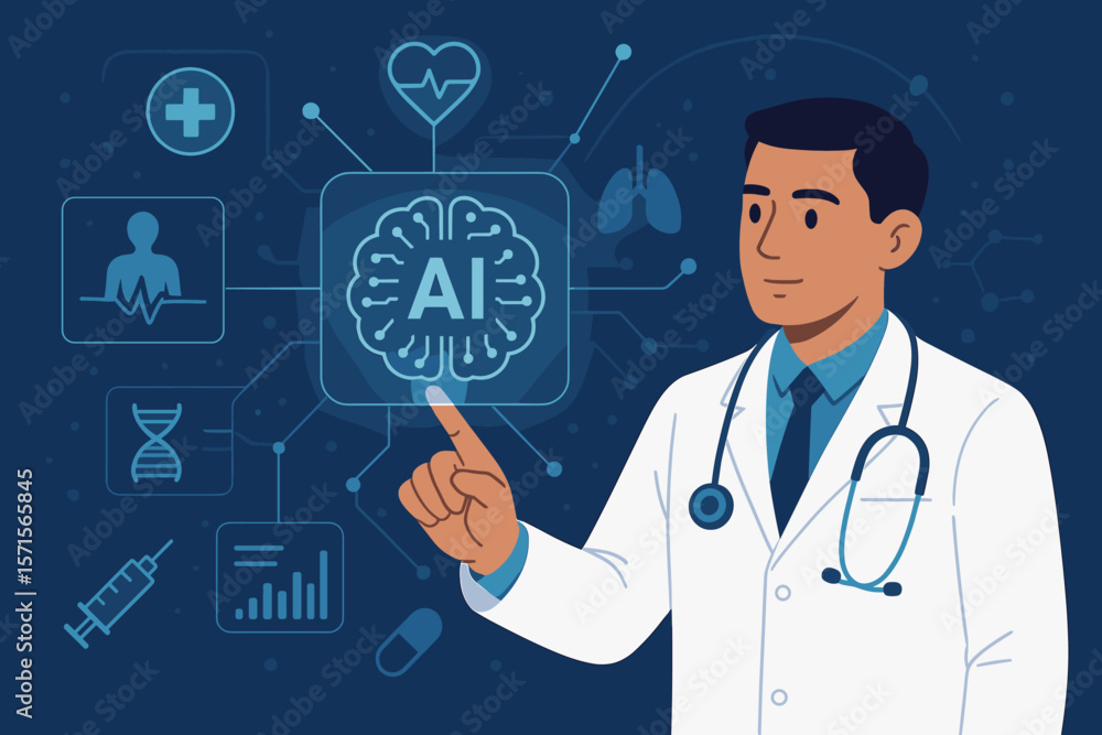 Artificial Intelligence in Healthcare Technology, Doctor Using Virtual Interface, Medical Network, Machine Learning, Precision Medicine, DNA, Future of Medical Software Innovation Artificial Intelligence in Healthcare Technology, Doctor Using Virtual Interface, Medical Network, Machine Learning, Precision Medicine, DNA, Future of Medical Software Innovation
