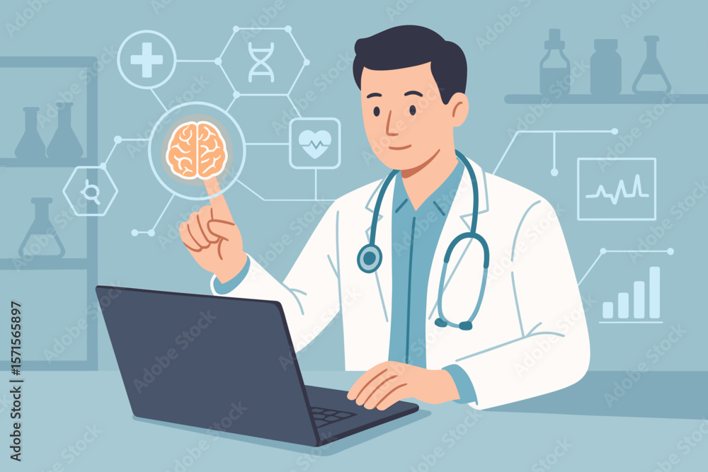 Medical doctor using laptop and virtual brain interface in laboratory, digital healthcare technology, telemedicine, neuroscience, data analysis, modern flat vector illustration Medical doctor using laptop and virtual brain interface in laboratory, digital healthcare technology, telemedicine, neuroscience, data analysis, modern flat vector illustration