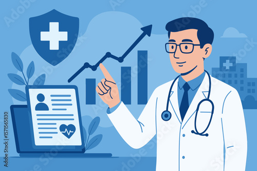 Healthcare business growth concept. Doctor with stethoscope analyzing medical data, health insurance, patient records, rising graph, hospital background. Medicine, statistics, digital health.