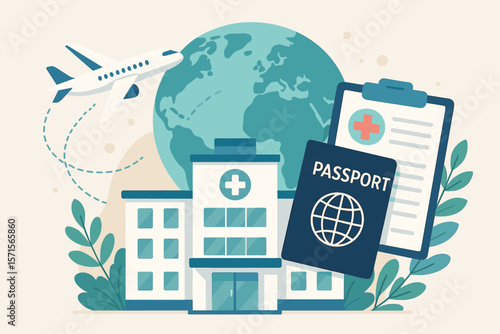 Medical tourism healthcare hub concept. International hospital, global health travel insurance, passport, airplane, medical center, worldwide patient treatment, cross-border medicine