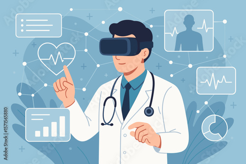 Futuristic medical technology concept. Doctor using virtual reality headset for patient data analysis, digital health monitoring, telemedicine, healthcare innovation, smart diagnostics