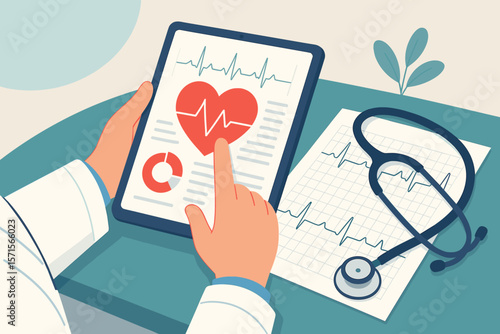 Digital cardiology healthcare concept. Doctor analyzing heart disease data on tablet with ECG, stethoscope, medical report, heartbeat graph. Modern technology in medicine
