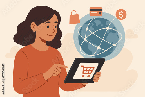 Woman using digital tablet for online shopping, global e-commerce network, internet banking, secure payment, financial technology, smart retail, digital marketplace concept
