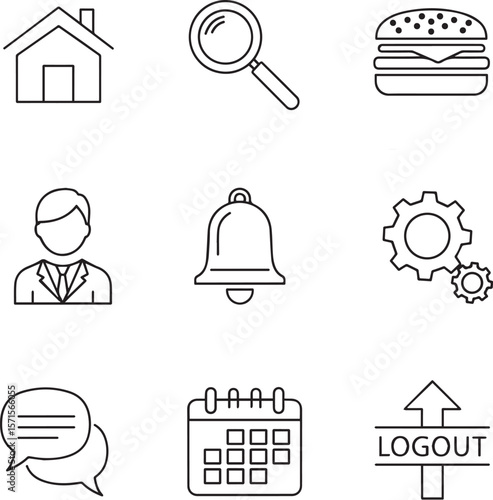 House search hamburger person bell gears calendar logout vector