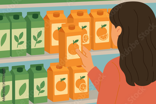 Woman selecting orange juice carton on supermarket shelf. Grocery shopping choice. Healthy beverage options. Modern flat vector illustration. Food retail consumer concept.