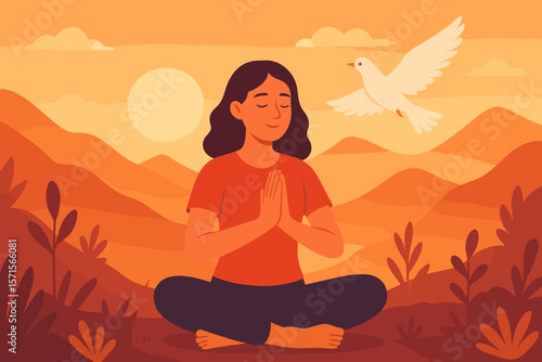 Wallpaper Mural Woman meditating and praying outdoors at sunset, peaceful mountain landscape with flying dove, hope, faith, mindfulness, spiritual nature retreat, modern flat vector illustration Torontodigital.ca