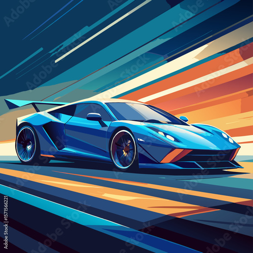 Blue Sports Car Speeding on Road, Abstract Background
