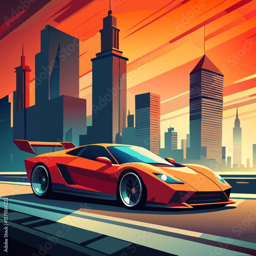 Orange Sports Car on City Street at Sunset, Modern Cityscape Background