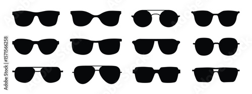 Sunglass silhouette icon set. Men glasses. Sun glasses hipster frame set, fashion black plastic rims. Vector illustration.