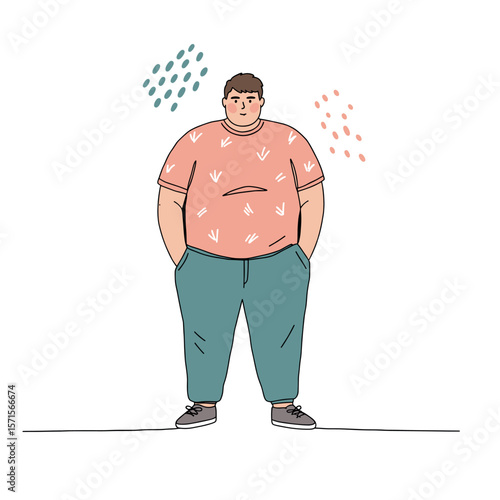 Casual plus-size man standing with hands in pockets in a simple, modern illustration