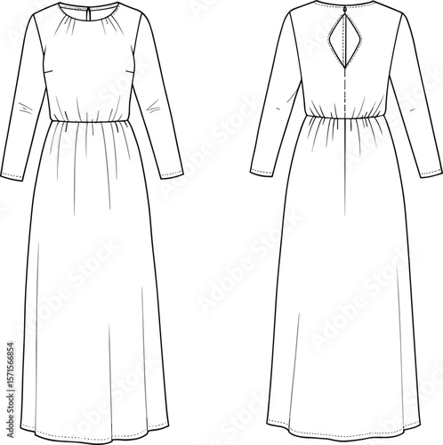 Front and back view long-sleeve maxi dress illustration, fashion template for designers, sewing pattern sketch, garment design reference