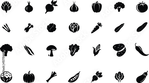 Collection of black silhouette icons representing various fresh vegetables on a white background