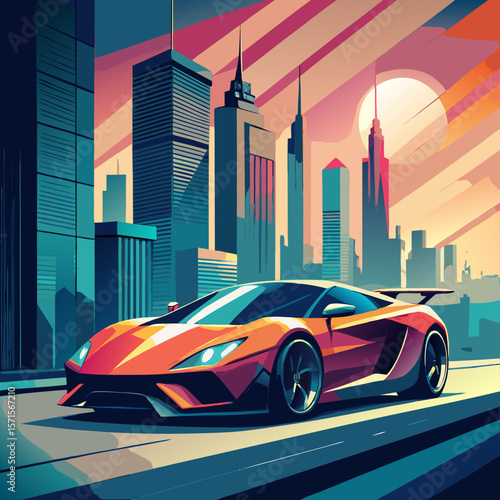 Orange Sports Car in Modern City Skyline Illustration