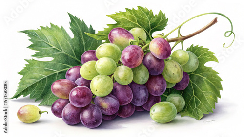 Fresh grapes still life painting with green and purple grapes and leaves for healthy eating concept