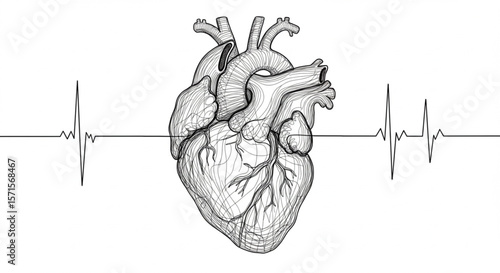 Stylized heart illustration with electrocardiogram lines in monochrome drawing design