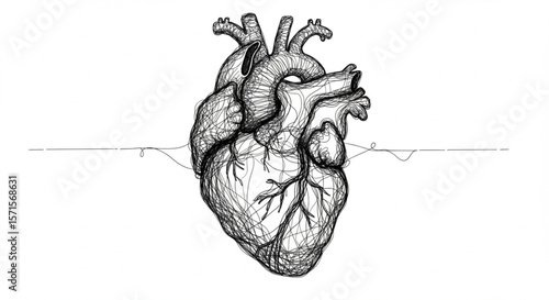Anatomical heart drawing in detailed sketch, showing human organ with intricate lines