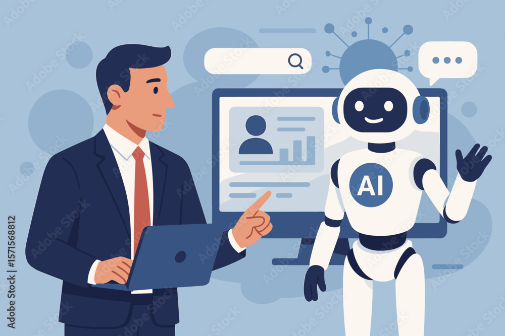 AI technology concept. Businessman with robot assistant for data analysis. Artificial intelligence in business and marketing. Future tech, automation, analytics UI vector. AI technology concept. Businessman with robot assistant for data analysis. Artificial intelligence in business and marketing. Future tech, automation, analytics UI vector.