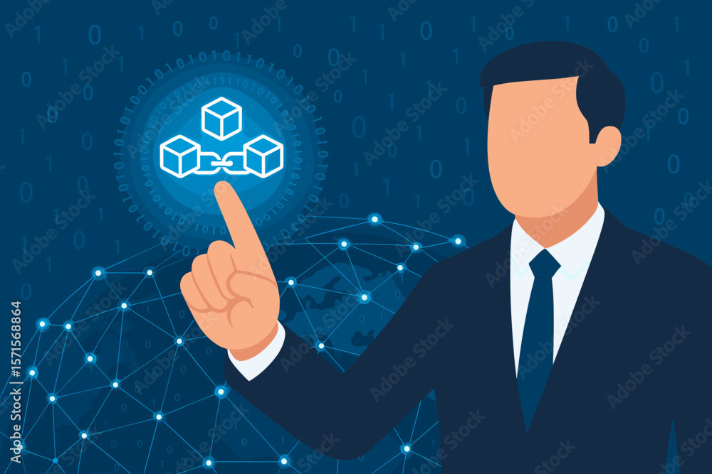 Blockchain technology concept. Businessman touches icon on global network. Chain of encrypted blocks for secure business data. Cryptocurrency finance. Fintech digital innovation. Blockchain technology concept. Businessman touches icon on global network. Chain of encrypted blocks for secure business data. Cryptocurrency finance. Fintech digital innovation.