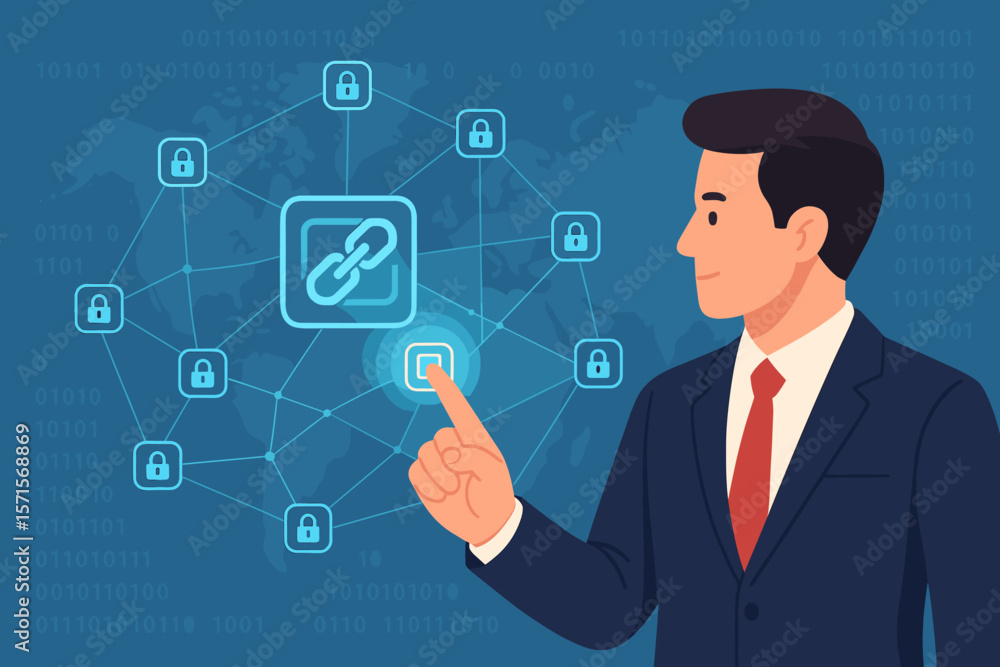 Blockchain technology concept with businessman touching a secure global network icon. Encrypted blocks chain for business data protection, fintech, and cryptocurrency transaction. Blockchain technology concept with businessman touching a secure global network icon. Encrypted blocks chain for business data protection, fintech, and cryptocurrency transaction.