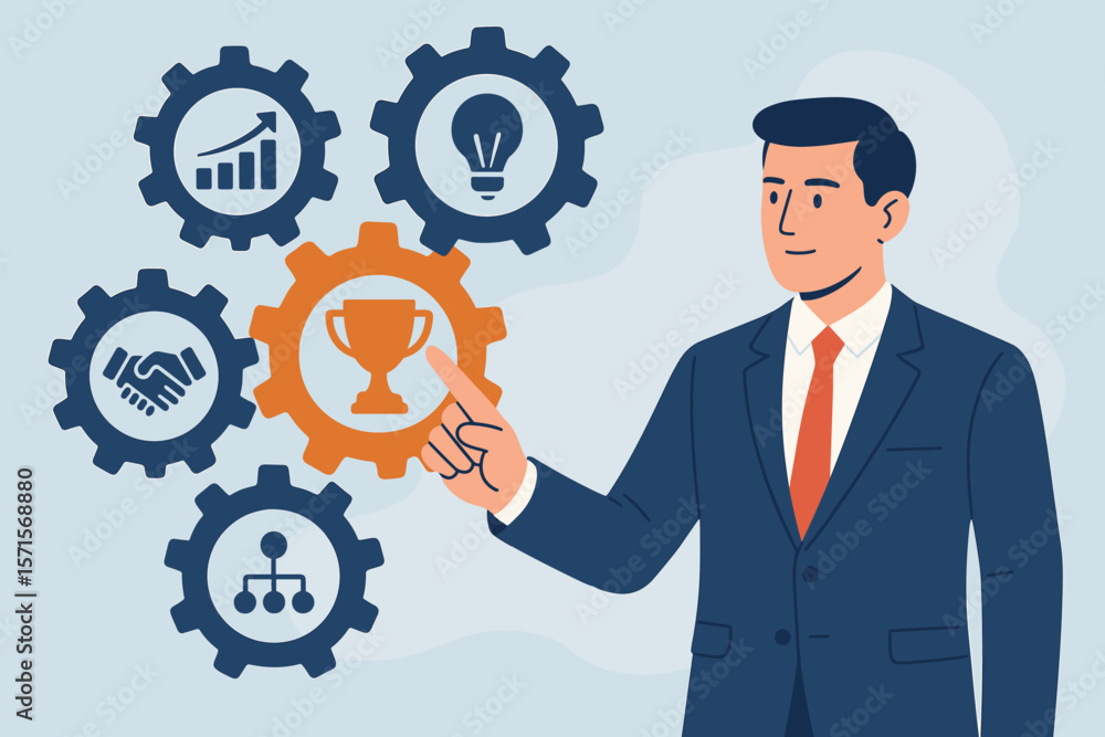 Business success mechanism concept. Businessman pointing at trophy icon in gear. Workflow automation, strategy management and successful growth process vector illustration. Business success mechanism concept. Businessman pointing at trophy icon in gear. Workflow automation, strategy management and successful growth process vector illustration.