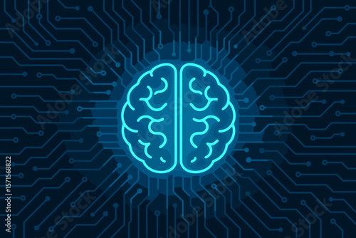 Artificial intelligence digital brain concept. Future technology on motherboard computer. Machine learning, neural network, deep learning. Futuristic cybernetics vector background.