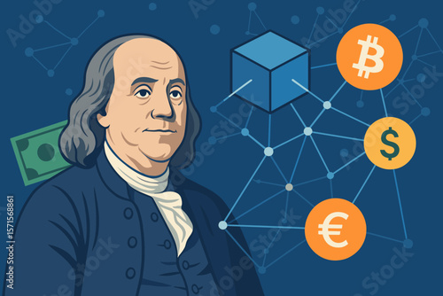 Benjamin Franklin portrait. Traditional money vs cryptocurrency concept. Blockchain technology evolution metaphor. Fintech innovation. Global finance network. Digital currency exchange.