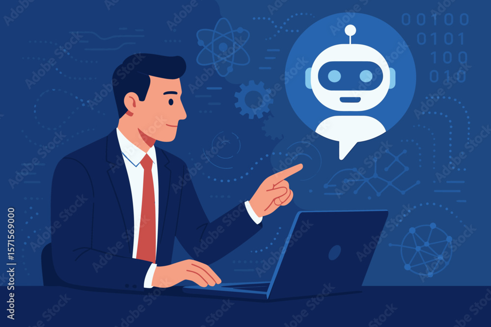 Businessman Using Laptop Interacting with AI Chatbot, Artificial Intelligence, Machine Learning, Data Exchange, Big Data, Creative AI, Business Support, Digital Transformation, Technology Innovation Businessman Using Laptop Interacting with AI Chatbot, Artificial Intelligence, Machine Learning, Data Exchange, Big Data, Creative AI, Business Support, Digital Transformation, Technology Innovation