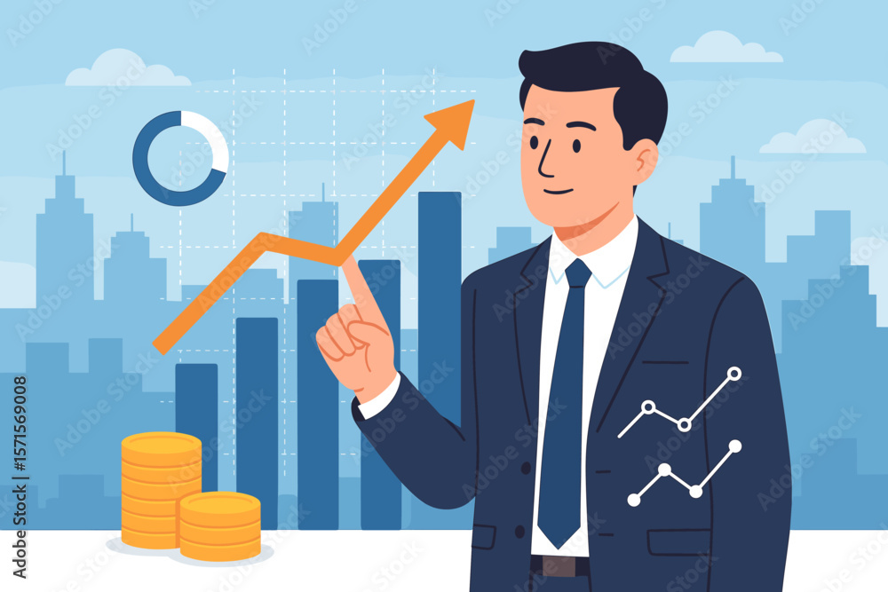 Businessman Analyzing Financial Growth, Investment Data, and Business Strategy with Upward Graph, City Skyline, Coins, and Analytics Chart Businessman Analyzing Financial Growth, Investment Data, and Business Strategy with Upward Graph, City Skyline, Coins, and Analytics Chart