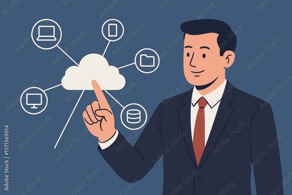 Businessman Touching Cloud Computing Icon Network. Cloud Technology, Data Transfer, Online Data Storage, Business Network Security, Confidential Information Management Businessman Touching Cloud Computing Icon Network. Cloud Technology, Data Transfer, Online Data Storage, Business Network Security, Confidential Information Management