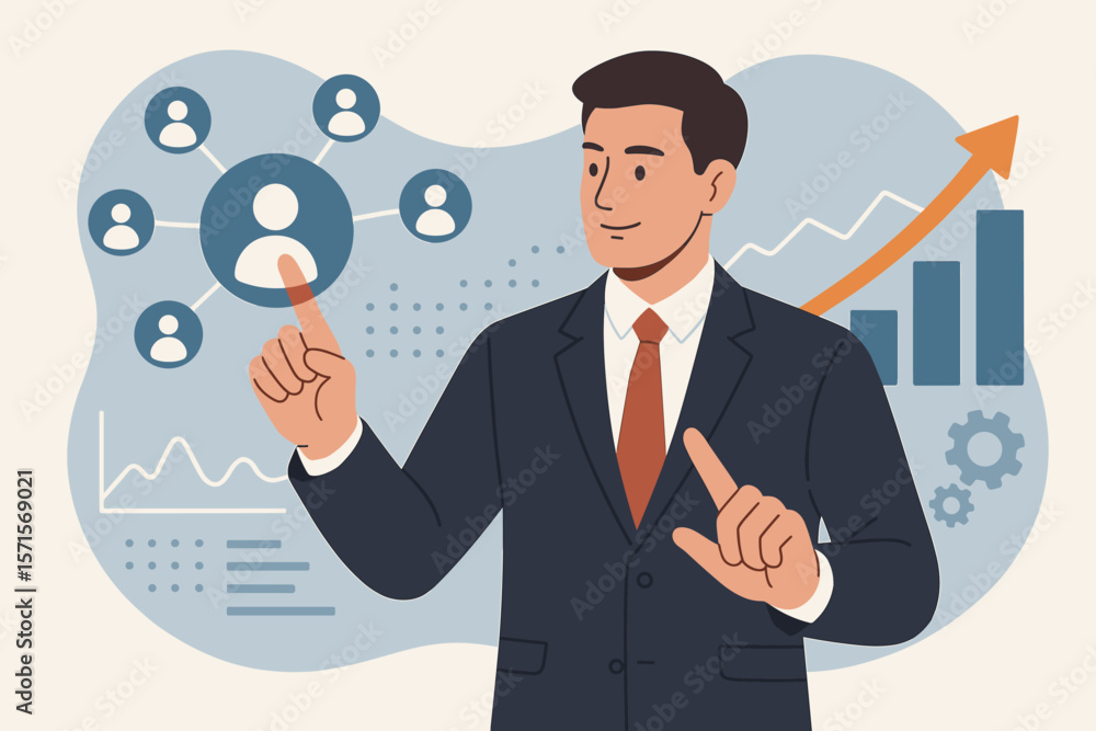 Businessman Analyzing Customer Network, Financial Growth, Positive Business Indicators, Investment Data, Economic Progress, Graphs, Analytics, Success, Strategy Businessman Analyzing Customer Network, Financial Growth, Positive Business Indicators, Investment Data, Economic Progress, Graphs, Analytics, Success, Strategy