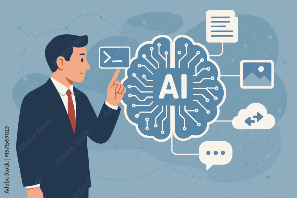 Businessman Interacting with Artificial Intelligence Brain, Command Prompt, Generating Text, Image, Speech, Data Exchange, Internet Network, AI Technology, Digital Transformation Businessman Interacting with Artificial Intelligence Brain, Command Prompt, Generating Text, Image, Speech, Data Exchange, Internet Network, AI Technology, Digital Transformation