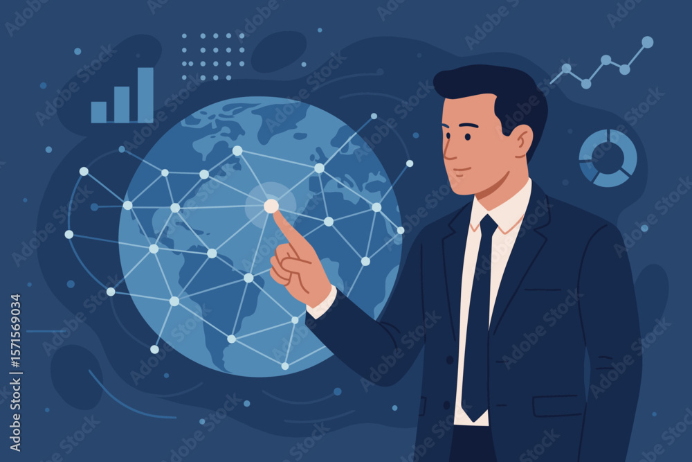 Businessman Interacting with Global Network, Digital Data Exchange, Futuristic Technology, Innovation, Internet Connectivity, Big Data, Modern Flat Vector, Worldwide Business Concept Businessman Interacting with Global Network, Digital Data Exchange, Futuristic Technology, Innovation, Internet Connectivity, Big Data, Modern Flat Vector, Worldwide Business Concept