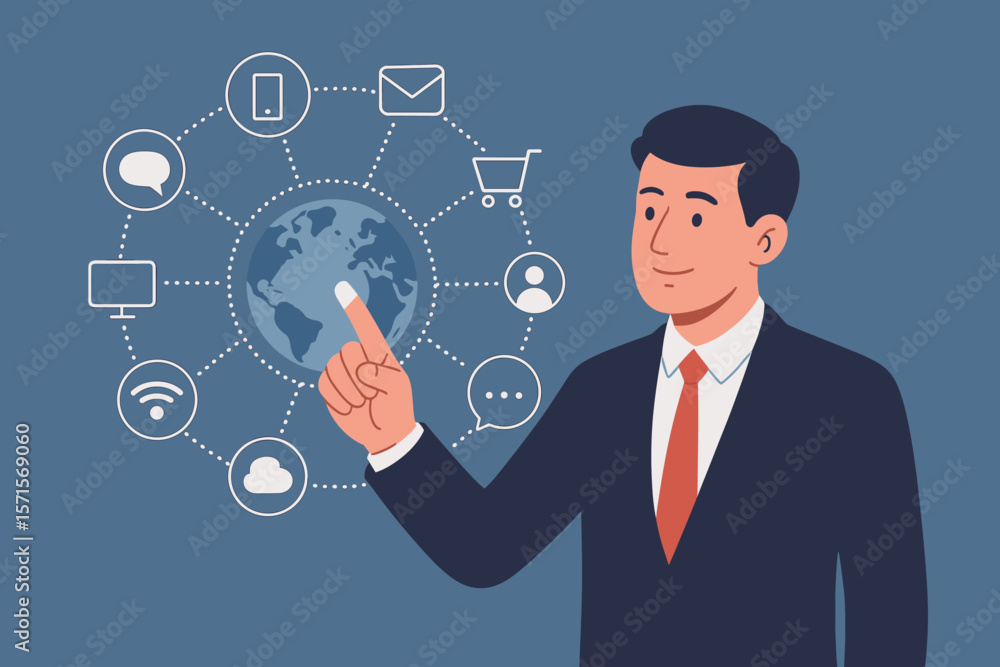 Businessman Interacting with Global Digital Network, Omni-Channel Communication, E-Commerce, Cloud Computing, Social Media, Modern Flat Vector Illustration Businessman Interacting with Global Digital Network, Omni-Channel Communication, E-Commerce, Cloud Computing, Social Media, Modern Flat Vector Illustration