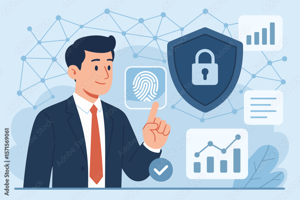 Businessman Fingerprint Scan for Secure Online Data Access, Biometric Authentication, Cybersecurity, Virtual Network, Data Protection, Digital Identity, Secure Business Management Businessman Fingerprint Scan for Secure Online Data Access, Biometric Authentication, Cybersecurity, Virtual Network, Data Protection, Digital Identity, Secure Business Management