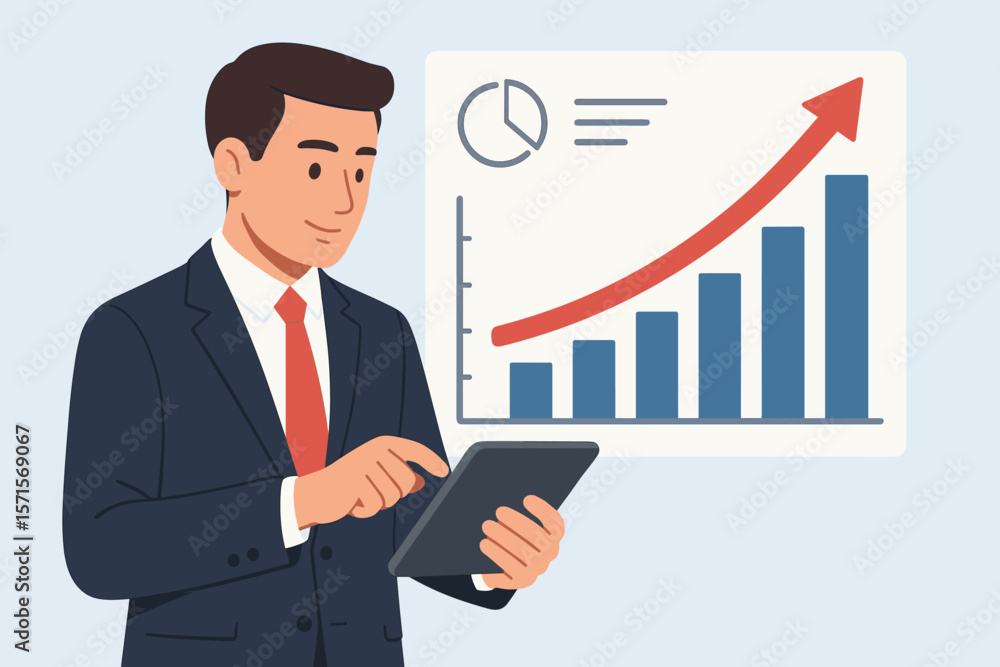 Businessman Using Tablet Reviewing Sales Data and Financial Growth Chart, Business Analytics, Economic Success, Corporate Strategy, Digital Technology, Modern Vector Illustration Businessman Using Tablet Reviewing Sales Data and Financial Growth Chart, Business Analytics, Economic Success, Corporate Strategy, Digital Technology, Modern Vector Illustration