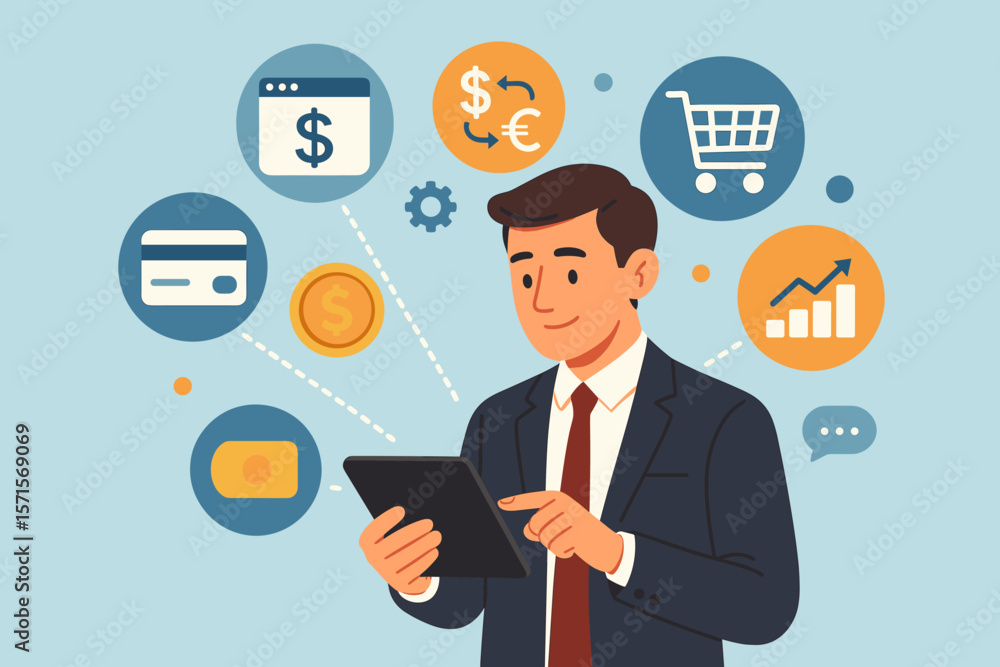 Businessman using tablet for online banking, digital payment, currency exchange, e-commerce, financial growth, investment, fintech, finance management, and digital marketing Businessman using tablet for online banking, digital payment, currency exchange, e-commerce, financial growth, investment, fintech, finance management, and digital marketing