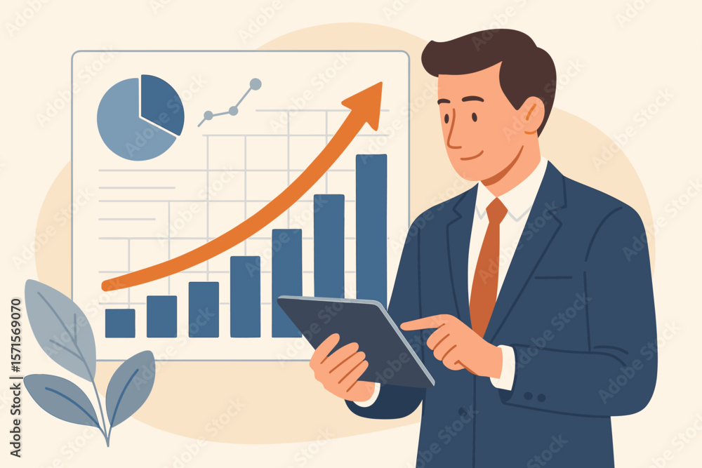 Businessman in Suit Using Tablet Analyzing Sales Data, Economic Growth, Bar Chart, Upward Arrow, Business Strategy, Financial Success, Modern Flat Vector Illustration Businessman in Suit Using Tablet Analyzing Sales Data, Economic Growth, Bar Chart, Upward Arrow, Business Strategy, Financial Success, Modern Flat Vector Illustration