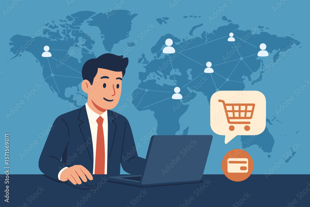 Businessman at Laptop Making Online Payments, Global E-commerce Network, Digital Banking, Multichannel Retail, Worldwide Customer Connections, Modern Technology Concept Businessman at Laptop Making Online Payments, Global E-commerce Network, Digital Banking, Multichannel Retail, Worldwide Customer Connections, Modern Technology Concept