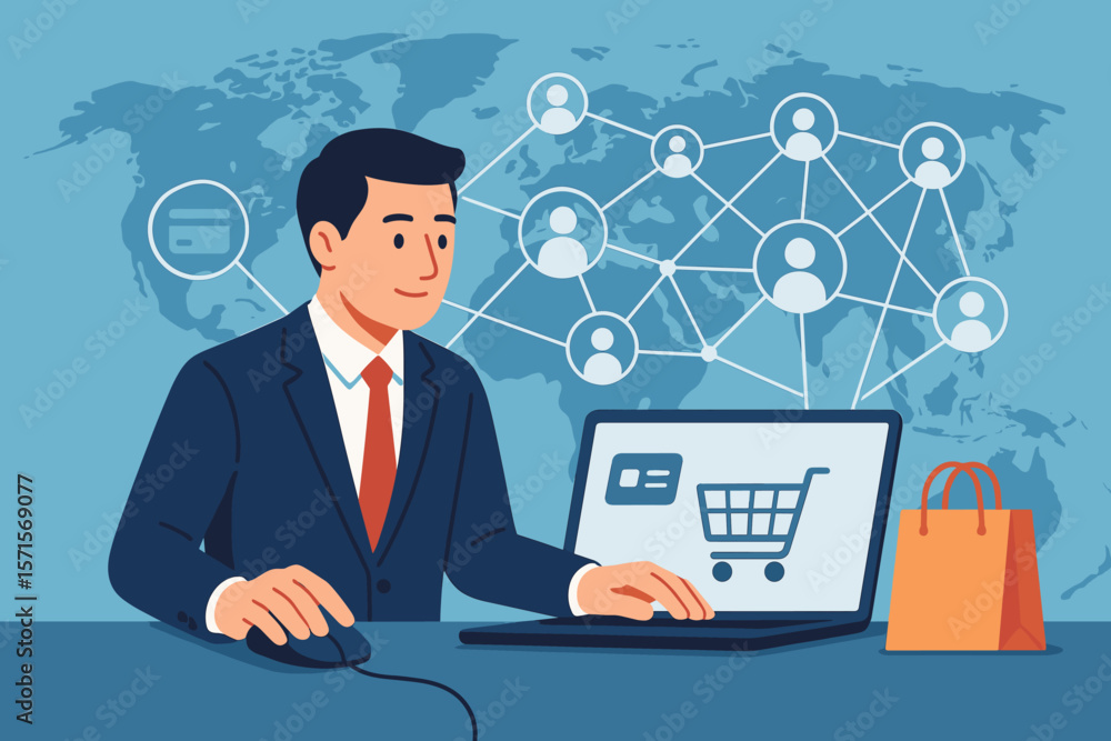 Businessman in Suit Using Computer Mouse for Online Shopping, Global Customer Network, E-commerce Payment, Digital Banking, Multichannel Retail, Worldwide Connection, Modern Technology Businessman in Suit Using Computer Mouse for Online Shopping, Global Customer Network, E-commerce Payment, Digital Banking, Multichannel Retail, Worldwide Connection, Modern Technology