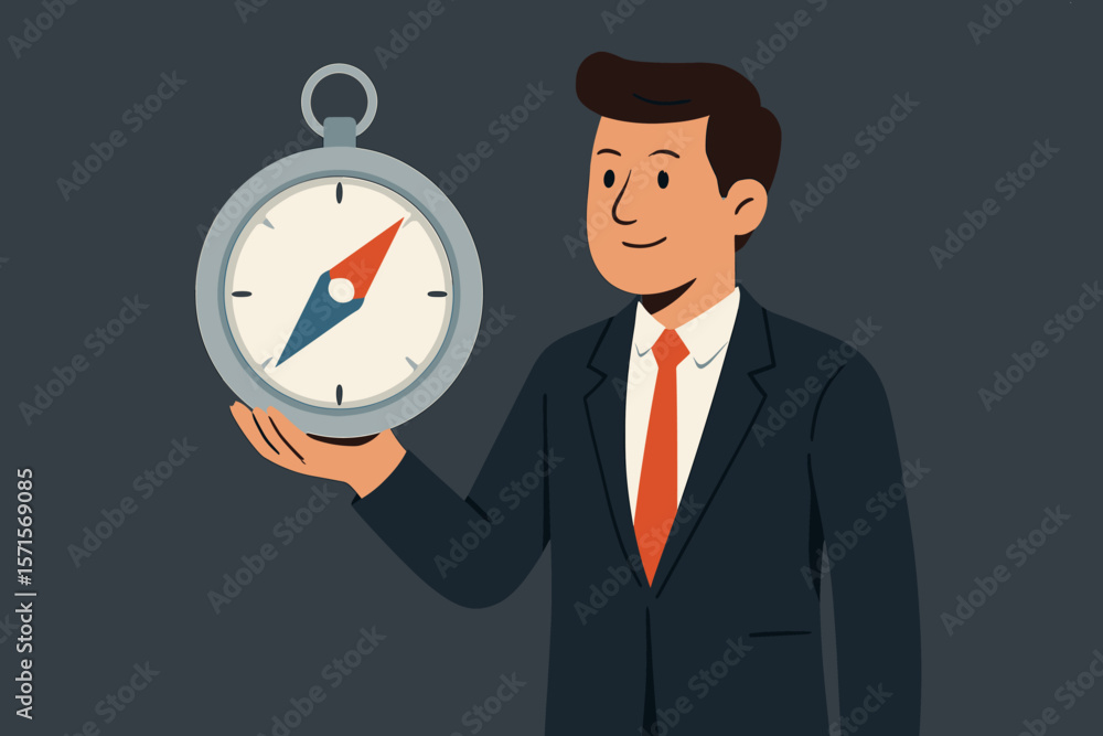 Confident Businessman Holding Compass, Leadership Direction, Decision Making, Guidance, Navigation, Success, Corporate Strategy, Flat Vector Illustration, Dark Background Confident Businessman Holding Compass, Leadership Direction, Decision Making, Guidance, Navigation, Success, Corporate Strategy, Flat Vector Illustration, Dark Background