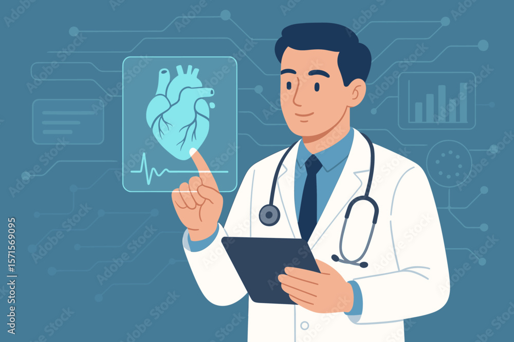 Cardiologist doctor with stethoscope using tablet, analyzing patient heart data on virtual hologram interface. Futuristic medical technology, innovation, digital healthcare science Cardiologist doctor with stethoscope using tablet, analyzing patient heart data on virtual hologram interface. Futuristic medical technology, innovation, digital healthcare science