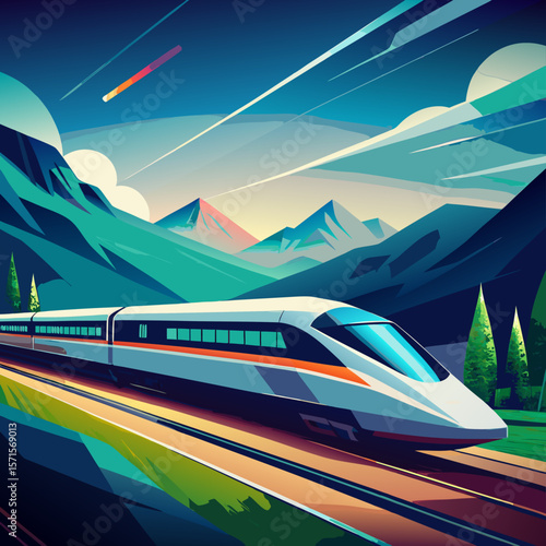 High-Speed Train Through Mountain Landscape Illustration