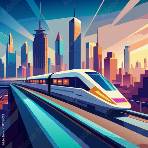 High-Speed Train in Modern City Skyline Illustration