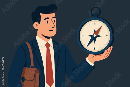 Confident Businessman Holding Compass, Direction and Guidance Concept, Modern Flat Vector Illustration, Leadership, Decision Making, Navigation, Professional Suit, Briefcase, Dark Background