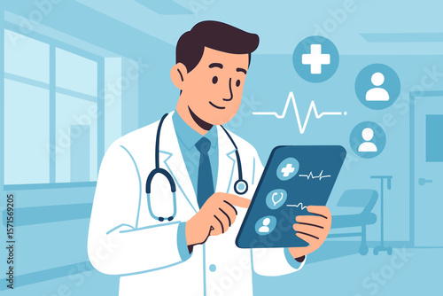 Medical Professional Using Digital Tablet in Hospital, Healthcare Technology, Stethoscope, Heartbeat, Modern Clinic, Flat Vector Illustration