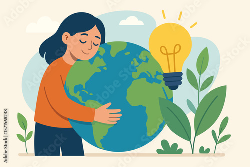 Woman Hugging Earth Globe, Energy Saving, Environmental Protection, Sustainability, Green Ideas, Renewable Energy, Eco Friendly, Light Bulb, Nature, Conservation, Climate Change, Modern Vector