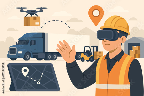 Smart Logistics and Transportation Concept. Engineer with VR Glasses, Modern Delivery Truck, Drone Shipping, Forklift, Warehouse, GPS Navigation, Supply Chain Technology, Vector Illustration