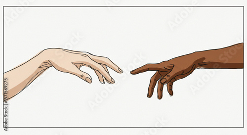The creation of adam drawing with diverse hands reaching for connection
